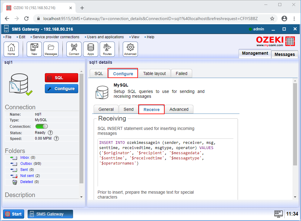 how to modify sql receiving options in ozeki