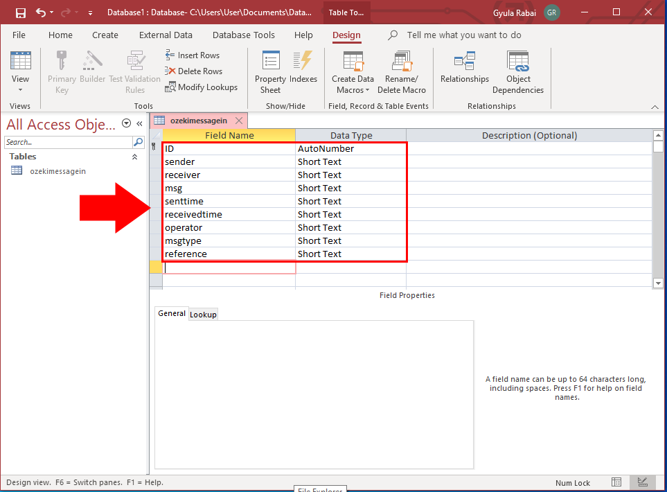 create ozekimessagein table