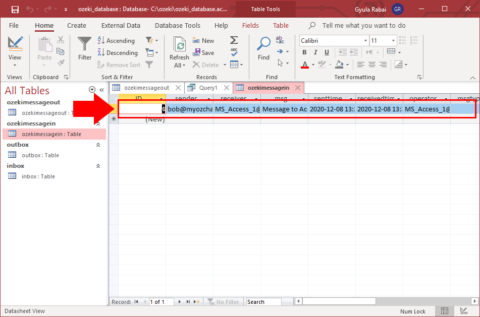 message in database